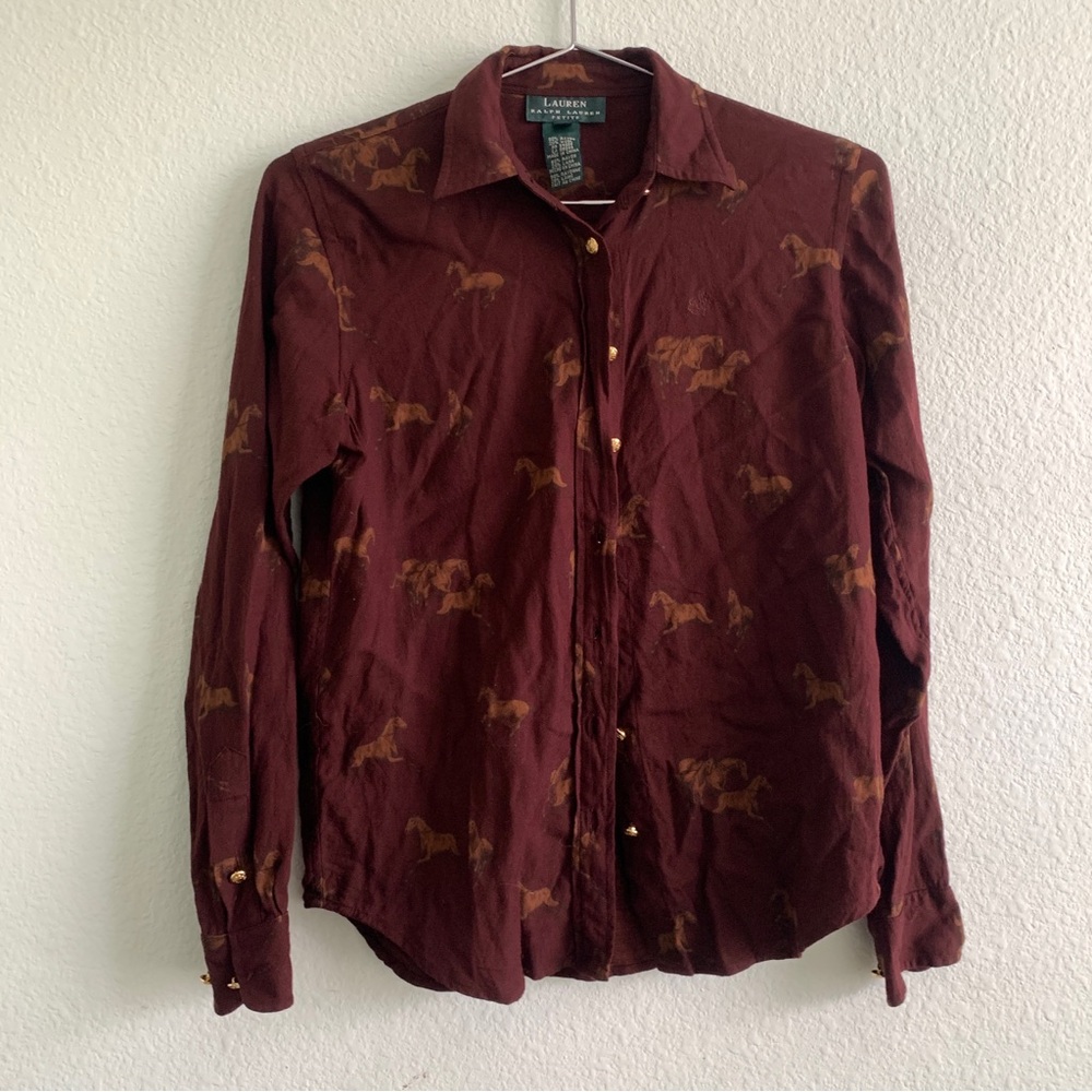 LAUREN RALPH LAUREN horse riding equestrian print burgundy buttons shirt top S - Picture 7 of 7